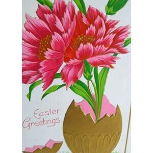 Easter Postcard Vintage Pink Flowers Cracked Egg Vase Germany Embossed Antique